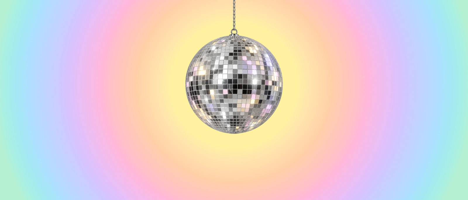Birthday Boop header art: a mirrored disco ball hangs on its chain in a soft pastel rainbow glow of yellow, peach, pink, lilac, sky blue and mint.