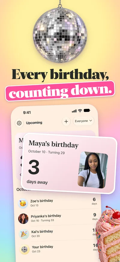 App Store screenshot, Every birthday, counting down: the disco ball over the Upcoming list, with Maya's birthday 3 days away and more birthdays in October.