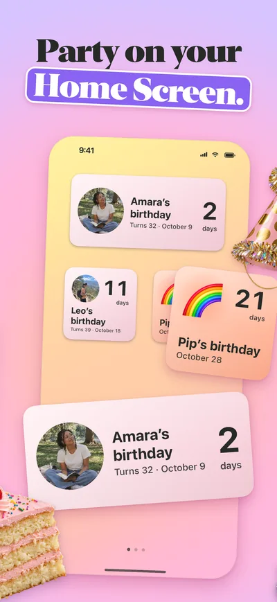 App Store screenshot, Party on your Home Screen: Birthday Boop widgets counting down to Amara's, Leo's and Pip's birthdays.