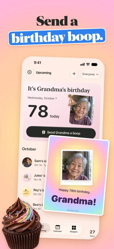App Store screenshot, Send a birthday boop: Grandma's birthday is today, with a Send Grandma a boop button and her card on a pastel rainbow glow.