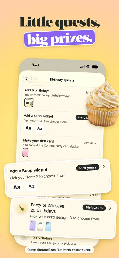 App Store screenshot, Little quests, big prizes: Birthday quests with their gifts named, like Pick your font and Pick your card design.