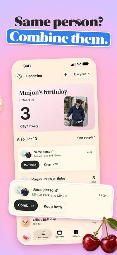 App Store screenshot, Same person? Combine them: a Same person? card for Minjun Park and Minjun with Combine and Keep both.