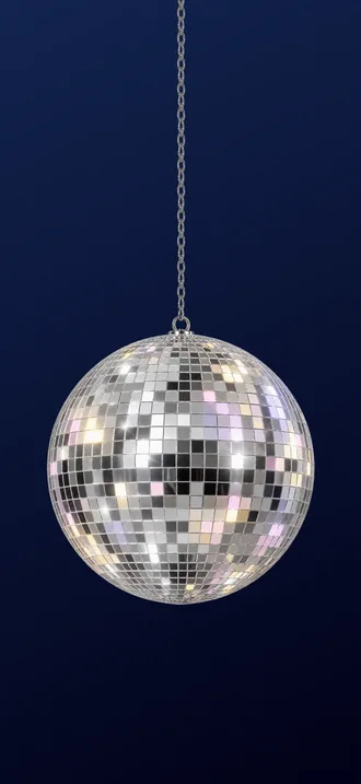 After hours wallpaper, dark: a mirrored disco ball hangs on its chain over midnight blue.