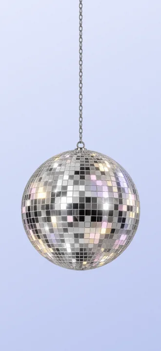 After hours wallpaper, light: a mirrored disco ball hangs on its chain over periwinkle.