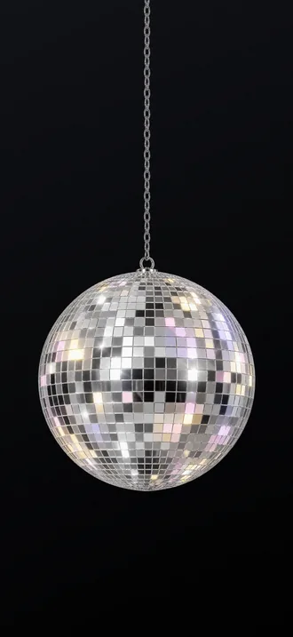 Ballroom wallpaper, dark: a mirrored disco ball hangs on its chain over black.