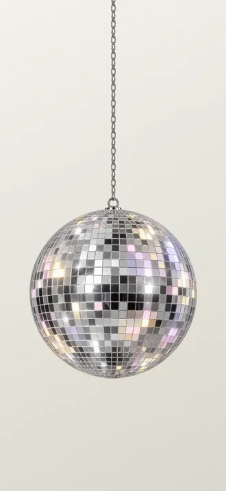 Ballroom wallpaper, light: a mirrored disco ball hangs on its chain over ivory.