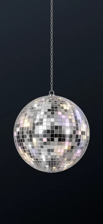 Chrome wallpaper, dark: a mirrored disco ball hangs on its chain over charcoal.