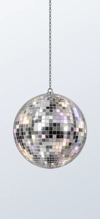 Chrome wallpaper, light: a mirrored disco ball hangs on its chain over pale silver.