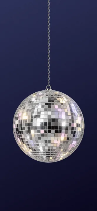 Disco night wallpaper, dark: a mirrored disco ball hangs on its chain over deep night blue.