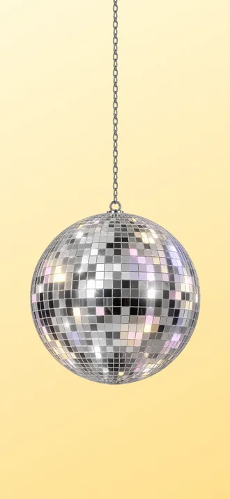Disco night wallpaper, light: a mirrored disco ball hangs on its chain over butter yellow.