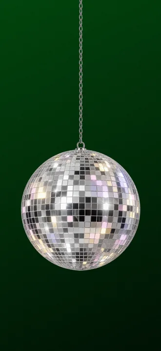 Glow stick wallpaper, dark: a mirrored disco ball hangs on its chain over deep green.