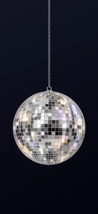 Quiet paper wallpaper, dark: a mirrored disco ball hangs on its chain over ink blue.