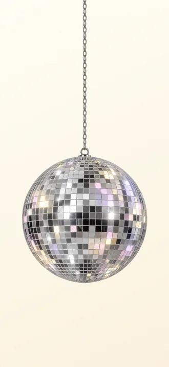 Quiet paper wallpaper, light: a mirrored disco ball hangs on its chain over cream.