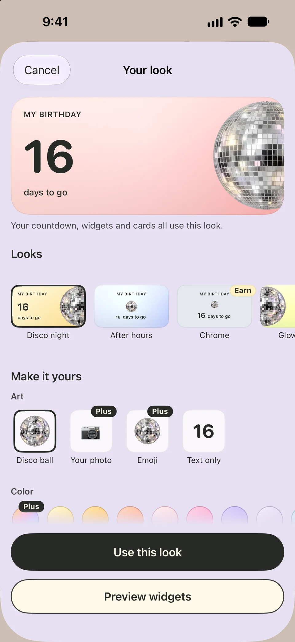 Birthday Boop Your look sheet with a disco ball My birthday countdown at 16 days to go, the Disco night, After hours and Chrome looks, and art and color choices.