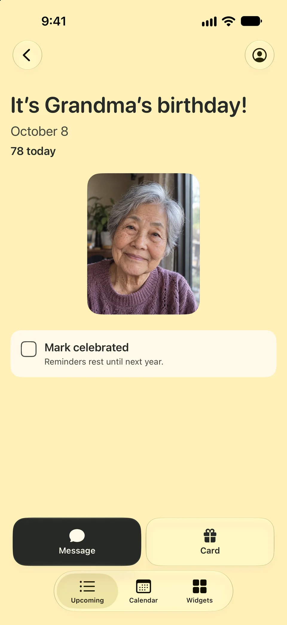 Birthday Boop page reading It's Grandma's birthday, October 8, 78 today, with her photo, Mark celebrated, and Message and Card buttons.