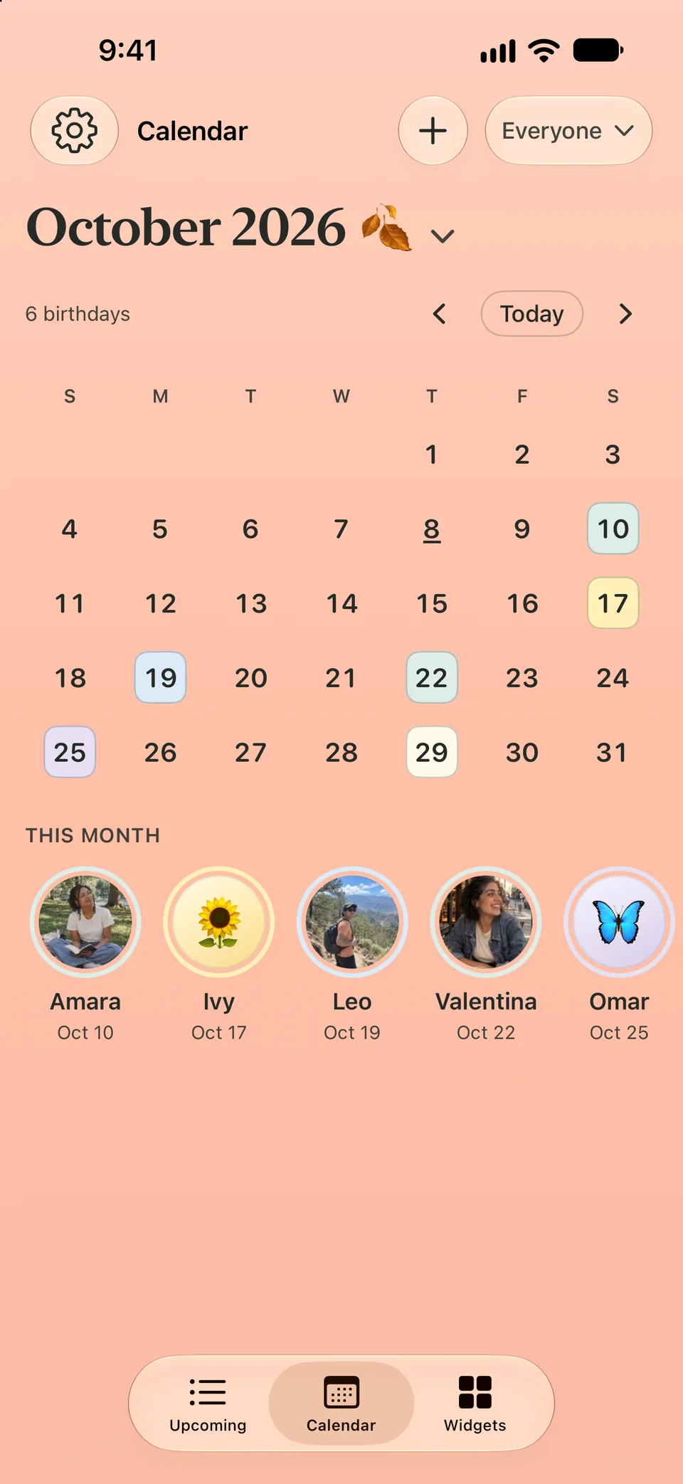 Birthday Boop October 2026 calendar with six birthdays marked and faces for Amara, Ivy, Leo, Valentina and Omar under This month, photos and emoji together.