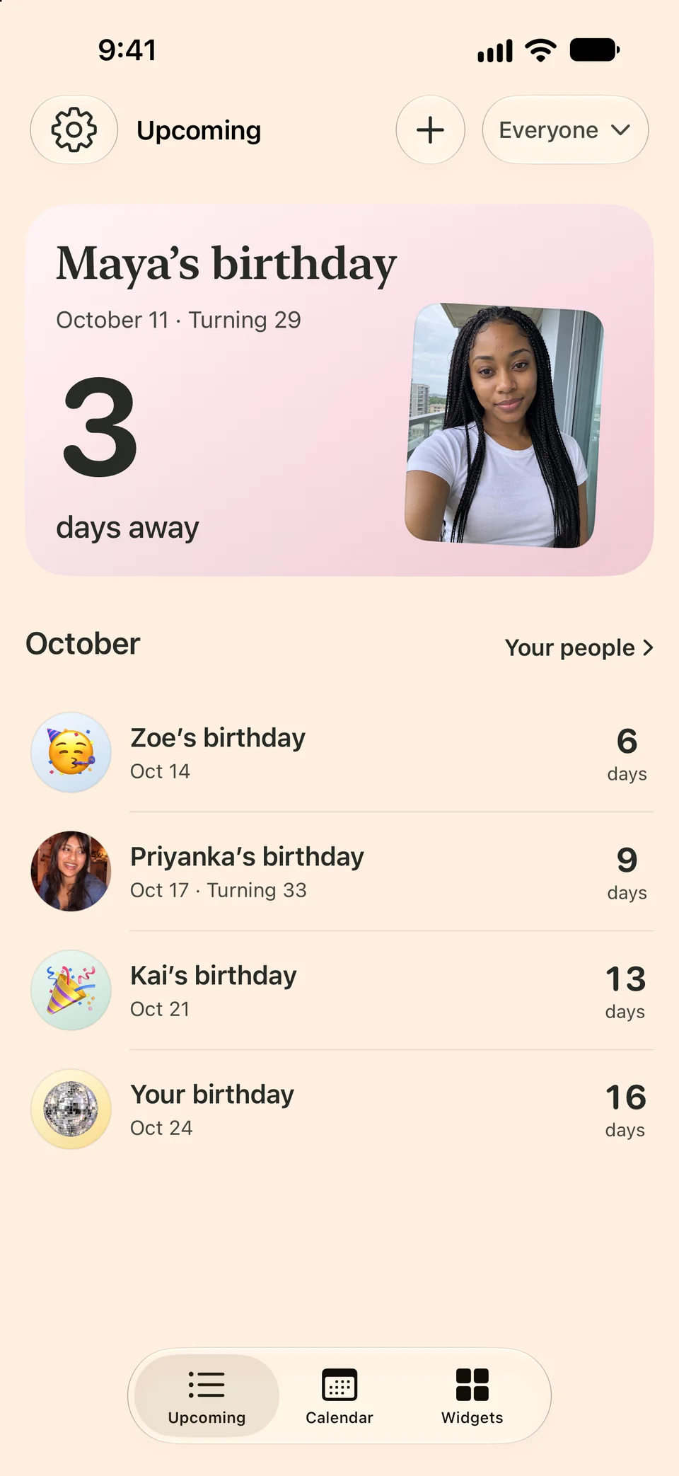 Birthday Boop Upcoming screen. Up next, Maya's birthday on October 11, turning 29, 3 days away, with her photo, then Zoe, Priyanka, Kai and your own birthday later in October.