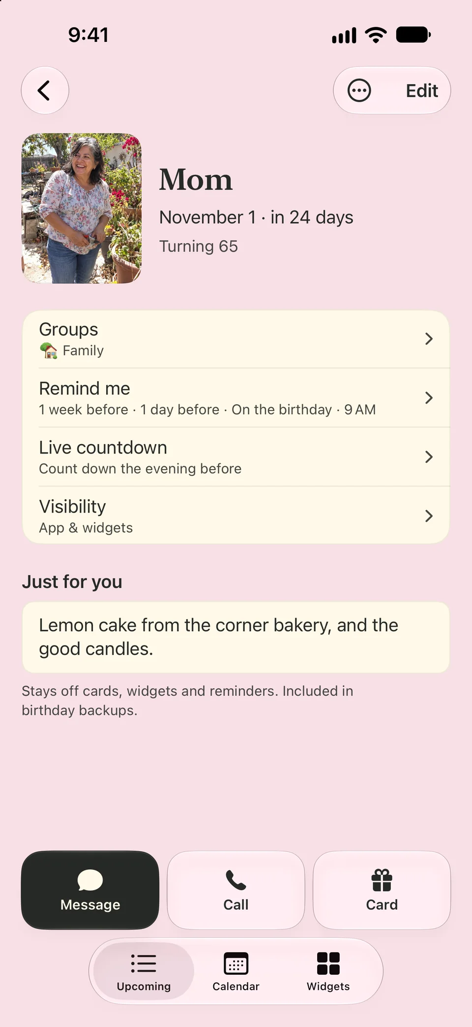 Birthday Boop page for Mom with her photo, November 1, in 24 days, turning 65, in the Family group, with reminders a week before, a day before and on the birthday, a live countdown and a private gift note.