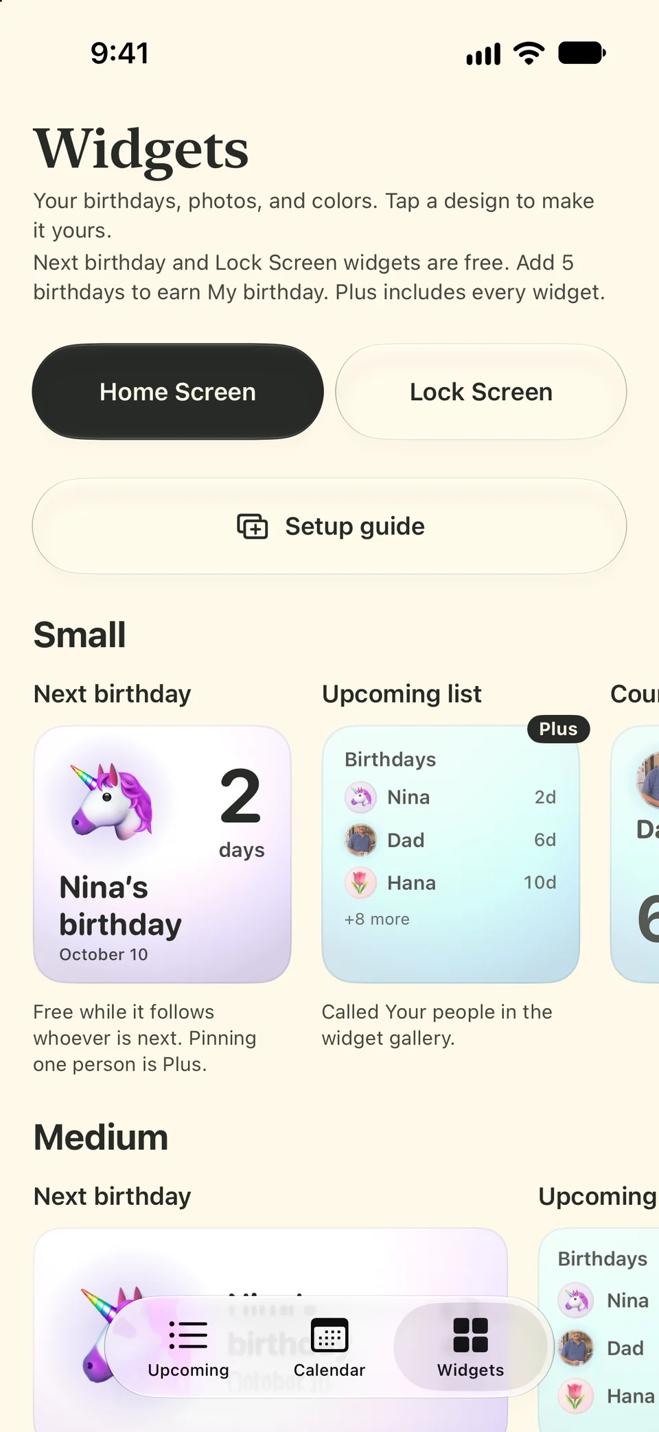 Birthday Boop Widgets tab with Home Screen and Lock Screen choices, a Next birthday widget counting 2 days to Nina's birthday and an Upcoming list widget from Boop Plus.